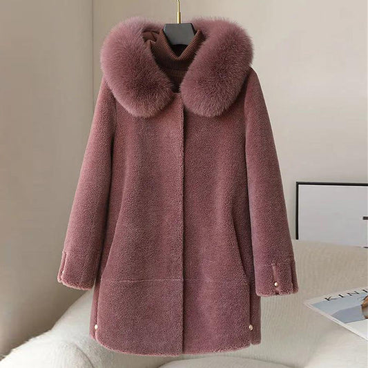 Women's Fox Fur Collar Hooded Sheep Shearling Coat Best YouTube Store