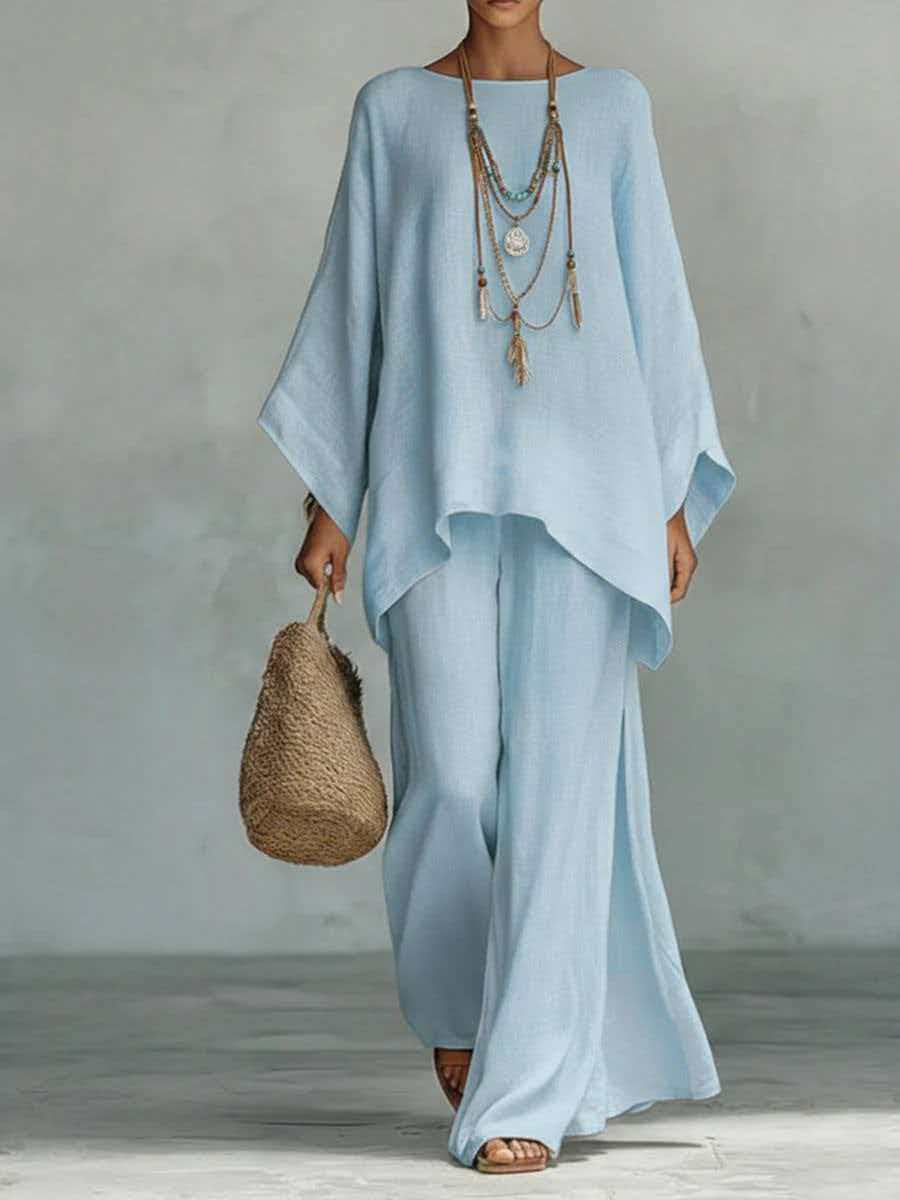 Casual 2-piece Set Loose Long-sleeved Wide-leg Trousers For Womens Minimalist Relaxed-fit Top And Wide-leg Pants Set For Daily Wear Work Vacation Outfits NorixaFashion.com