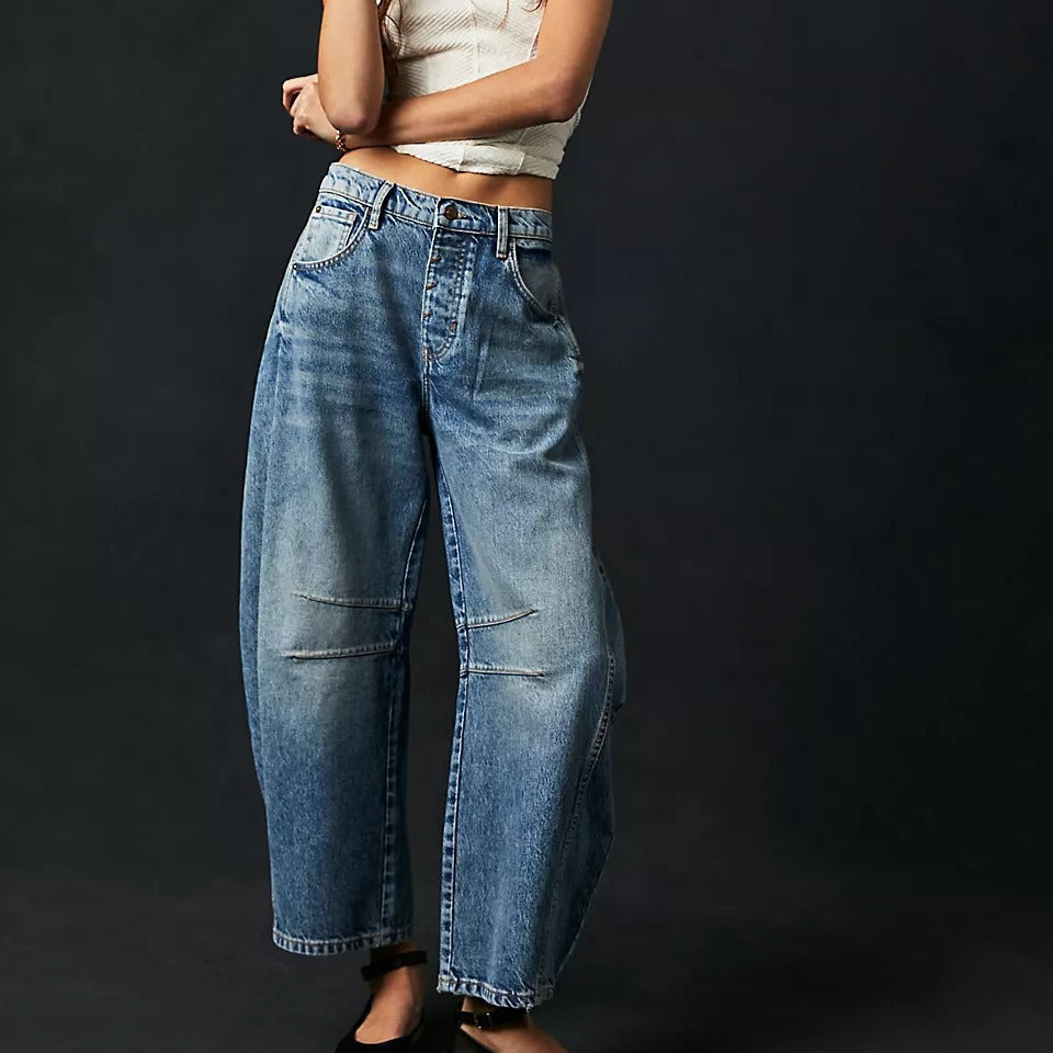 High Stretch Mid-Rise Barrel Jeans Fashion Wide Leg Shape Women Casual Baggy Mid Waist Denim Jeans NorixaFashion.com