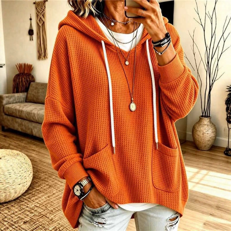 2026 European And American Women's Clothing Amazon Independent Station Waffe Loose Long Sleeve Hoodie Casual Hooded NorixaFashion.com