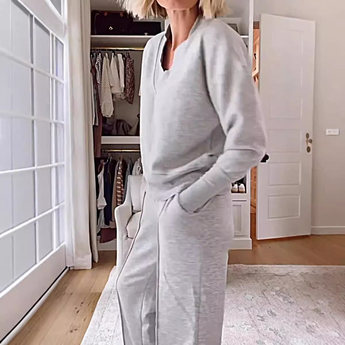 V-neck Long Sleeve Loose Top Wide Leg Pants Two-piece Set NorixaFashion.com