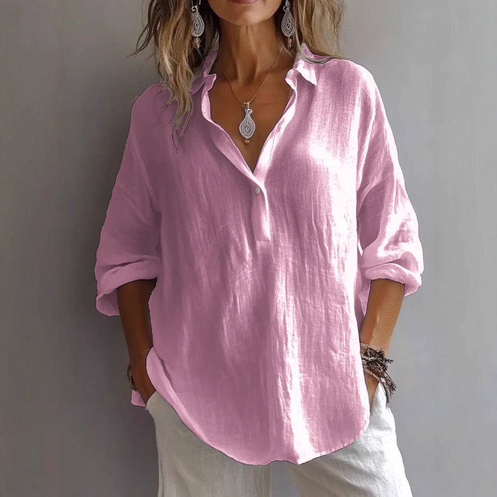 Fashion Long-sleeved Lapel Pullover Shirt Casual Loose Solid Color T-shirt Tops Women's Clothing NorixaFashion.com