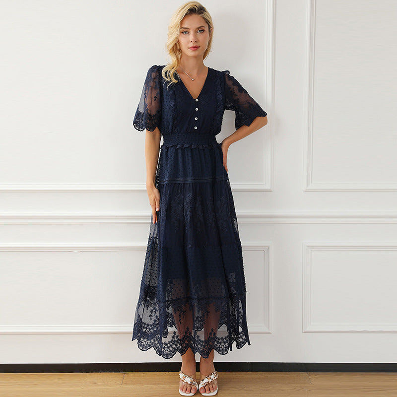 Lace V-neck Patchwork Dress Women NorixaFashion.com