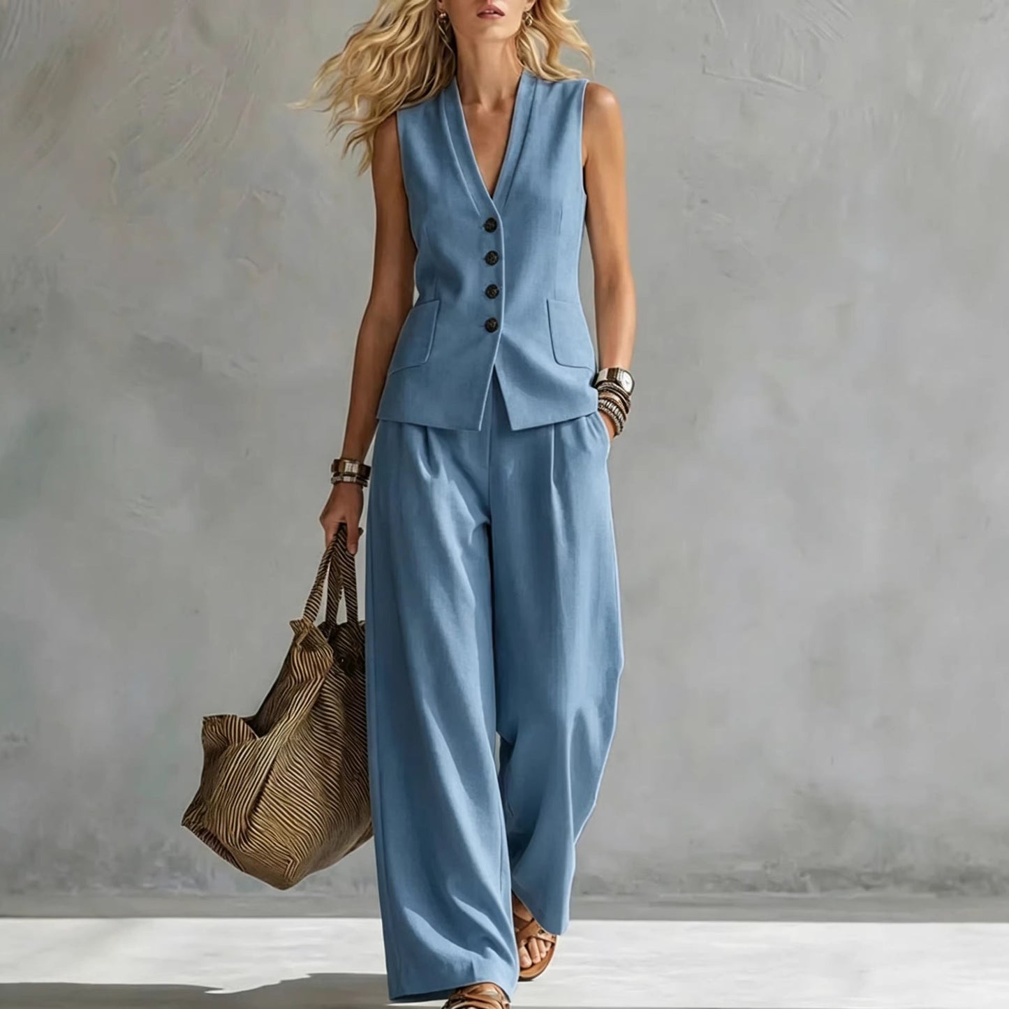 Two-piece V-Neck Sleeveless Vest And Wide Leg Pants For Women Summer Solid-Colored Sleeveless Casual Linen Tank Top And Pants Set NorixaFashion.com