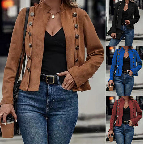 Double-row Metal Buckle Deerskin Velvet Retro Long-sleeved Coat LadyShow.Store