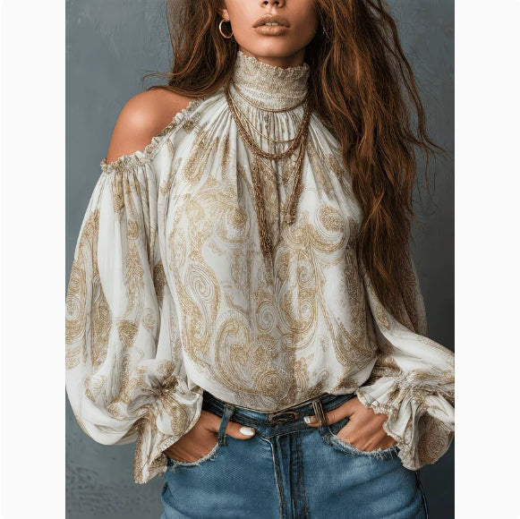 Retro Cashew-print High-neck Off-shoulder Chiffon Blouse NorixaFashion.com