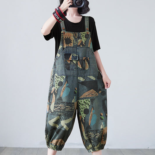 Summer Real Shot Printed Denim Slim Overalls Pi-Mart