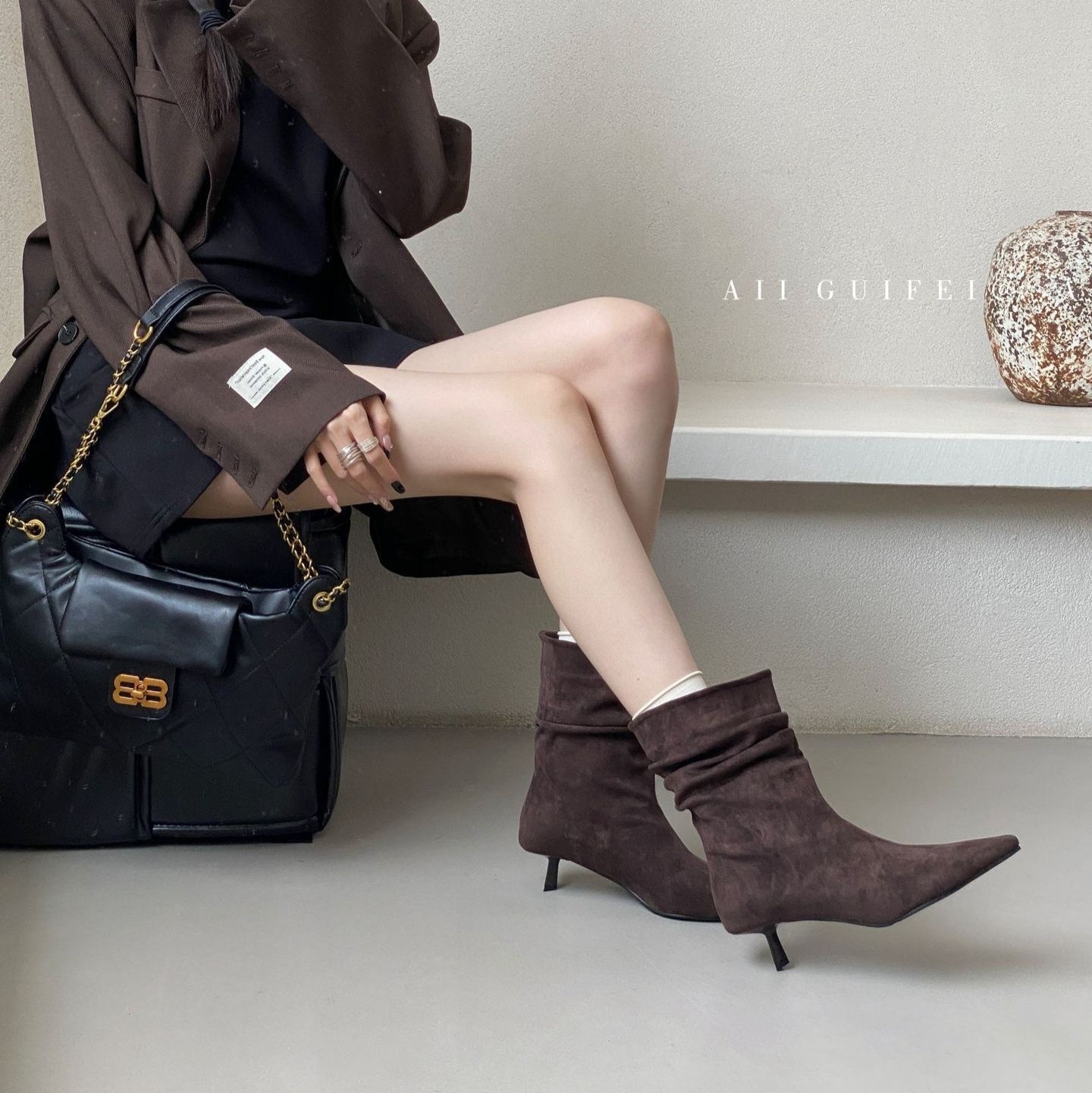 Women's Autumn Winter Pointed Toe High Heel Slimming Mid-Calf Boots LadyShow.Store