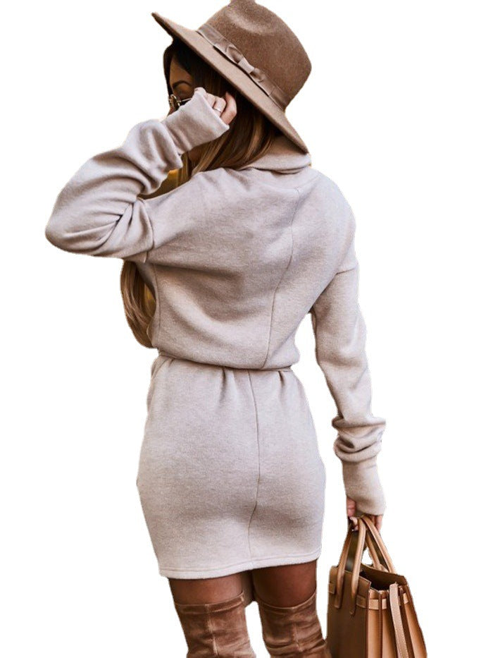 High Collar Belt Fashion Long Sleeve Skirt NorixaFashion.com