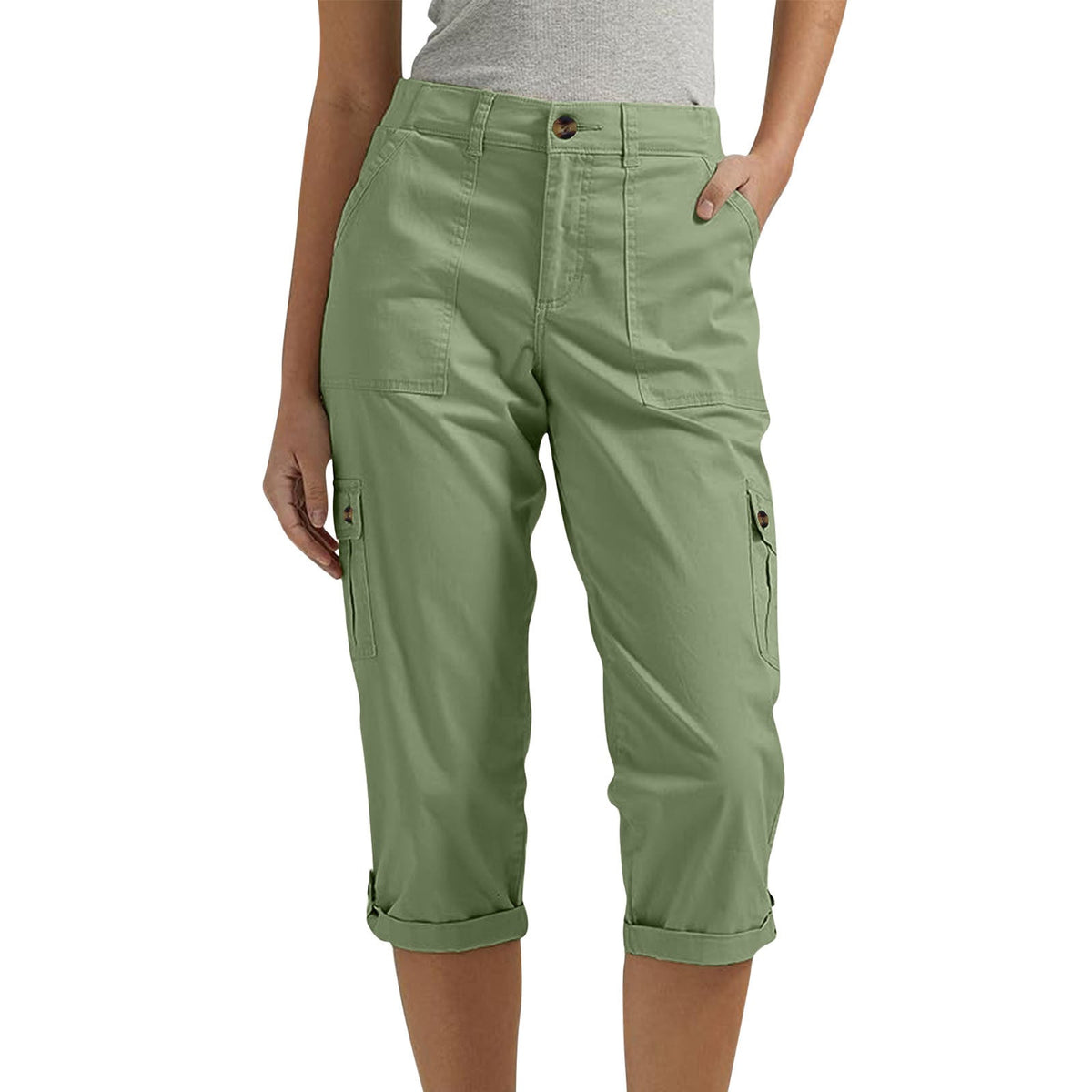 Solid Color Casual Cropped Pants - Women's High Waist Multiple Pockets Capri Trousers for Daily Wear NorixaFashion.com