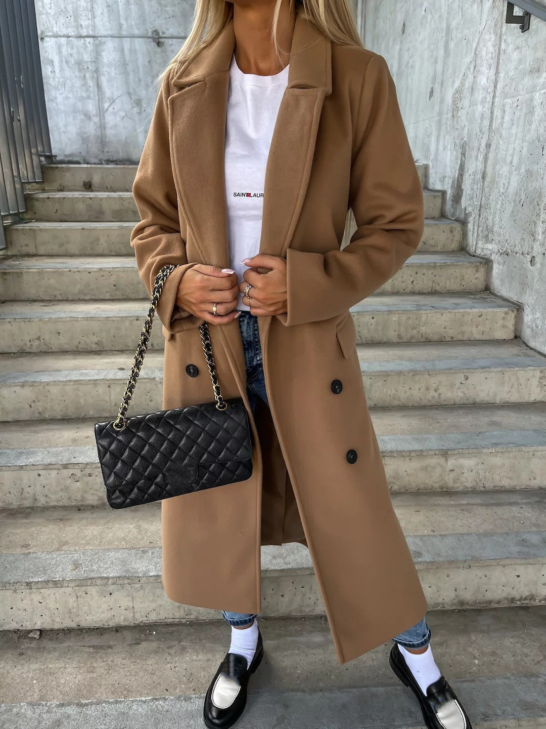 Double-breasted Lapel Split Jacket With Belt Winter Fashion Casual Long Sleeve Button Daily Coats For Women Clothing LadyShow.Store