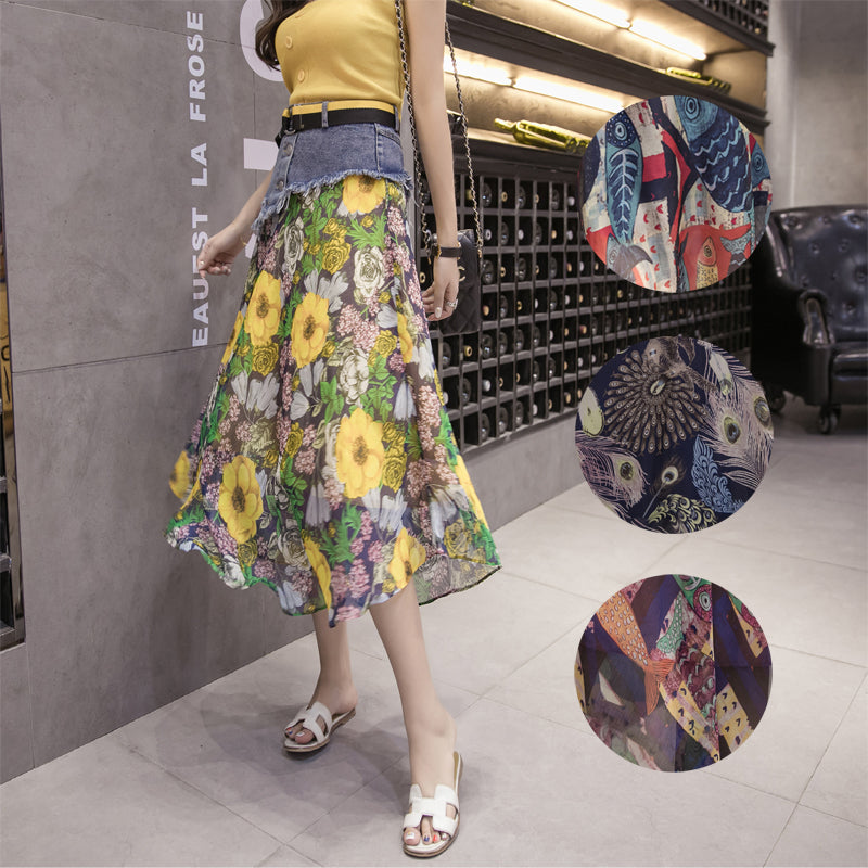 Mesh Stitching Denim Skirt Pi-Mart