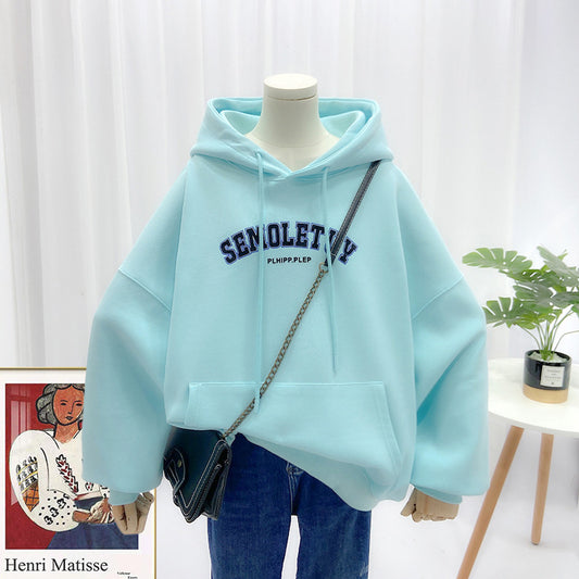 Ladies Sweatshirt Casual Hooded Large Pocket Print Letter Long Sleeve Top