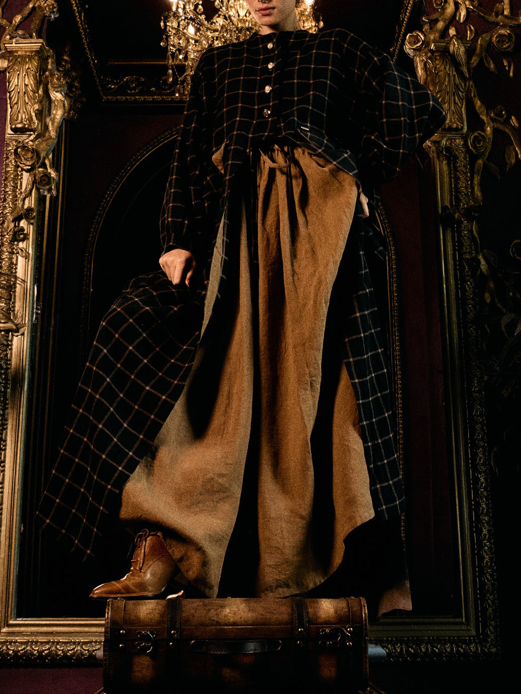 Navy Red Plaid Long Coat With Red Maxi Swing Dress Set NorixaFashion.com