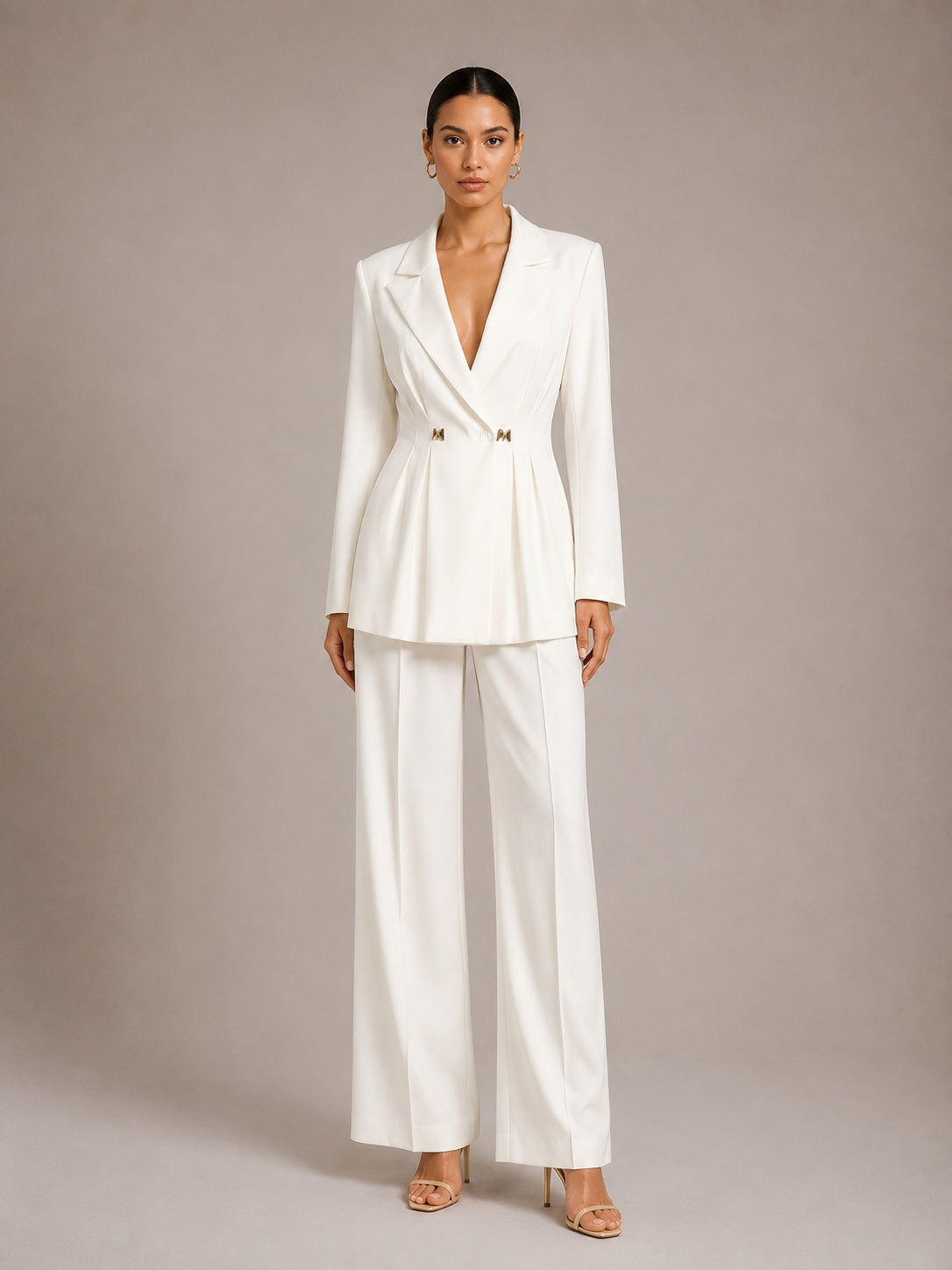 Solid-color Long-sleeve Fitted Blazer & High-waisted Straight-leg Trousers Set NorixaFashion.com