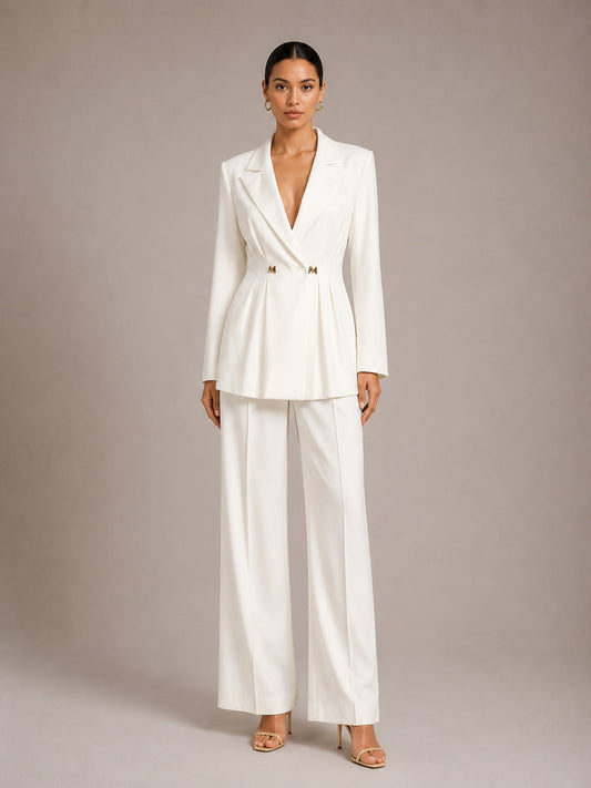 Solid-color Long-sleeve Fitted Blazer & High-waisted Straight-leg Trousers Set NorixaFashion.com