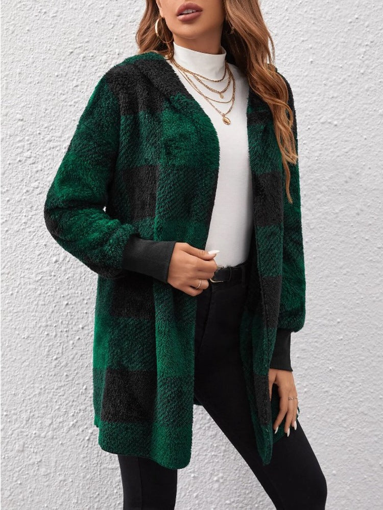 Coat Loose Plaid Color Stitching Knitted Cardigan Sweater NorixaFashion.com