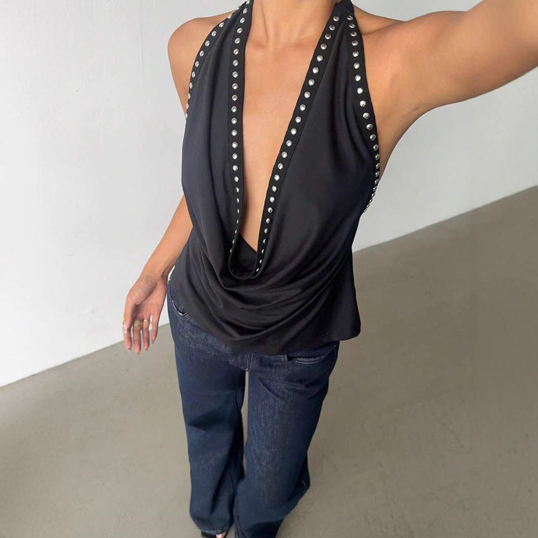 Solid-color Top With Studs Sexy Womens Clothing LadyShow.Store