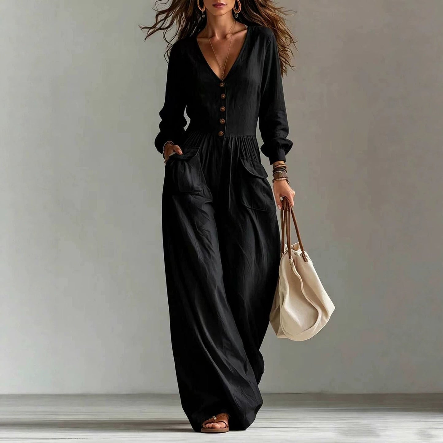 New Autumnwinter Casual Chic Womens V-neck Long-sleeve Jumpsuit With Pockets NorixaFashion.com