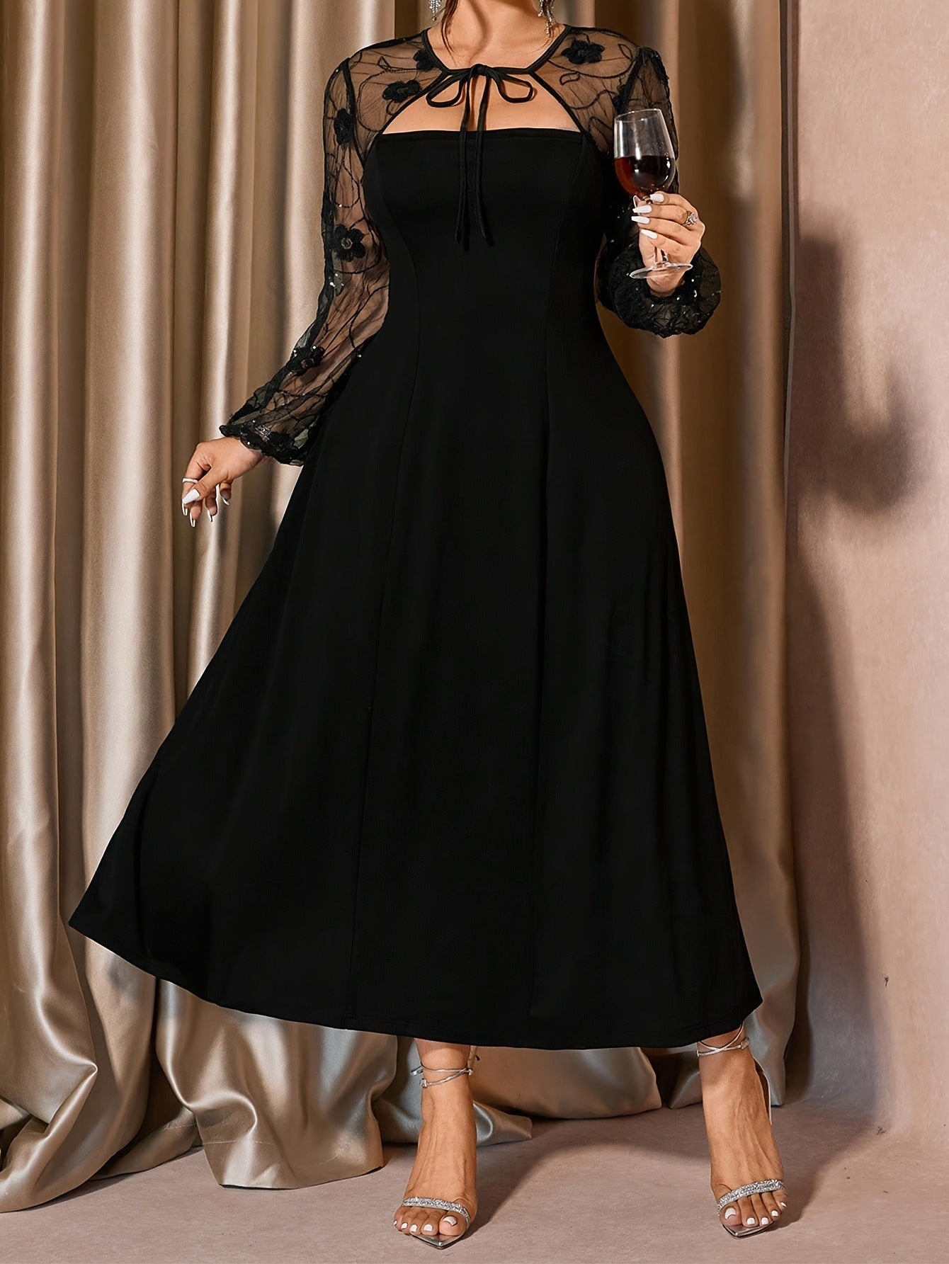 2026 Summer Plus Size Square Neck Mesh Spliced Midi Dress Elegant Casual NorixaFashion.com