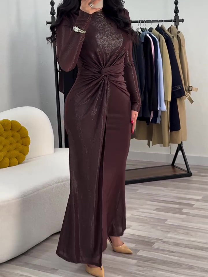 Metallic Maxi Dress With Twist Front Detail And Long Sleeves NorixaFashion.com