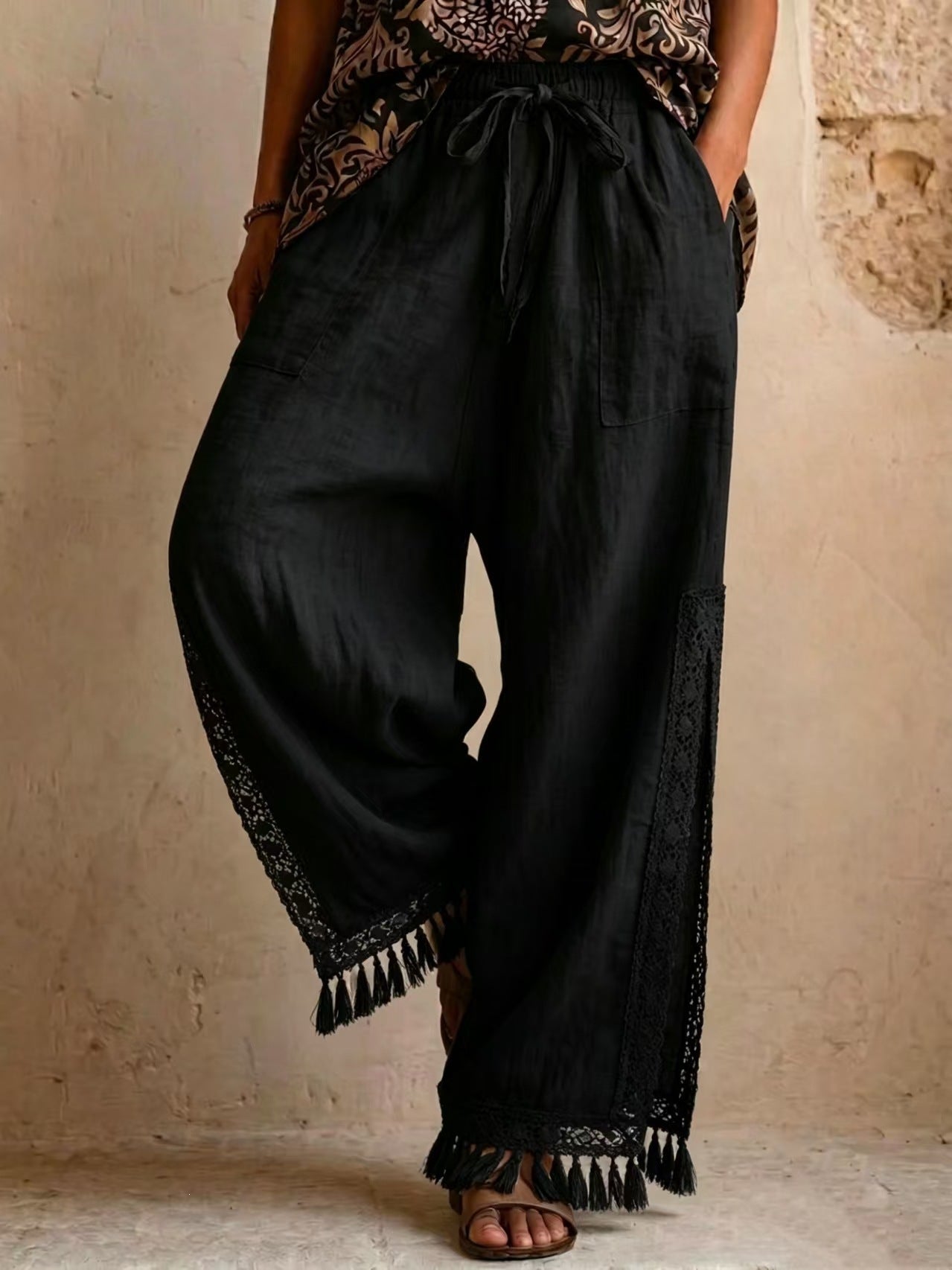Side-slit Lace Tassel Bohemian-style Wide-leg Vacation Pants NorixaFashion.com