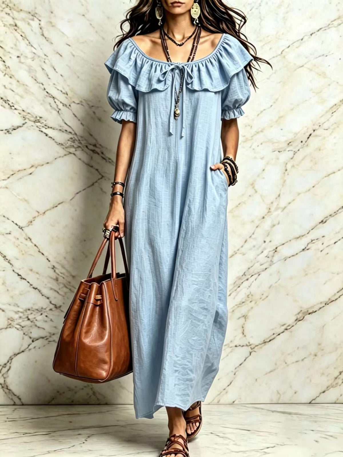 Summer 2026 Women's New Round Neck Ruffled Casual Seaside Vacation Dress From Europe And America NorixaFashion.com