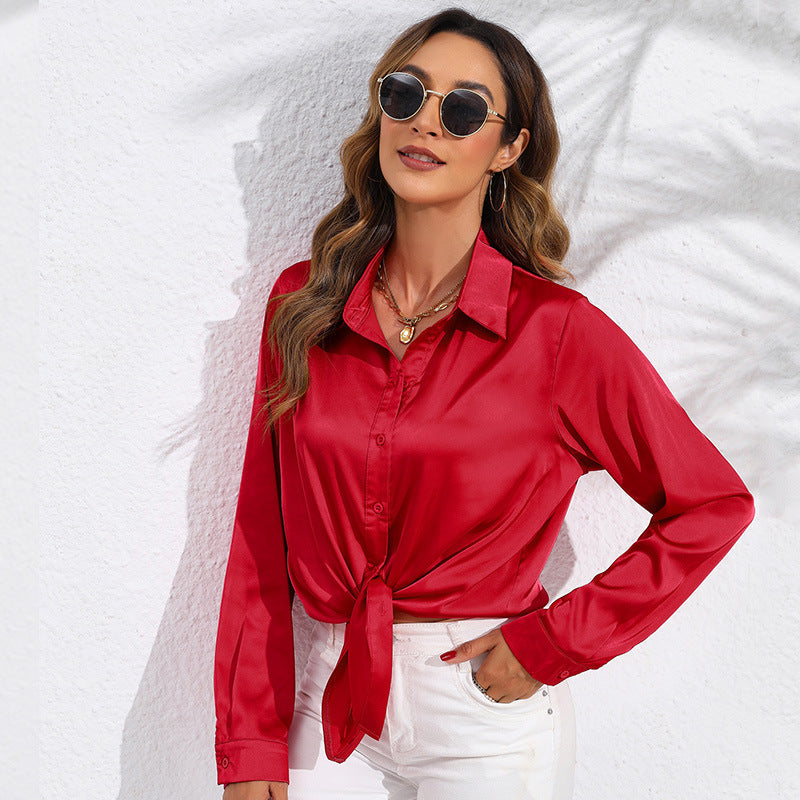 Women's Solid Color Satin Satin Long Sleeve Blouse NorixaFashion.com
