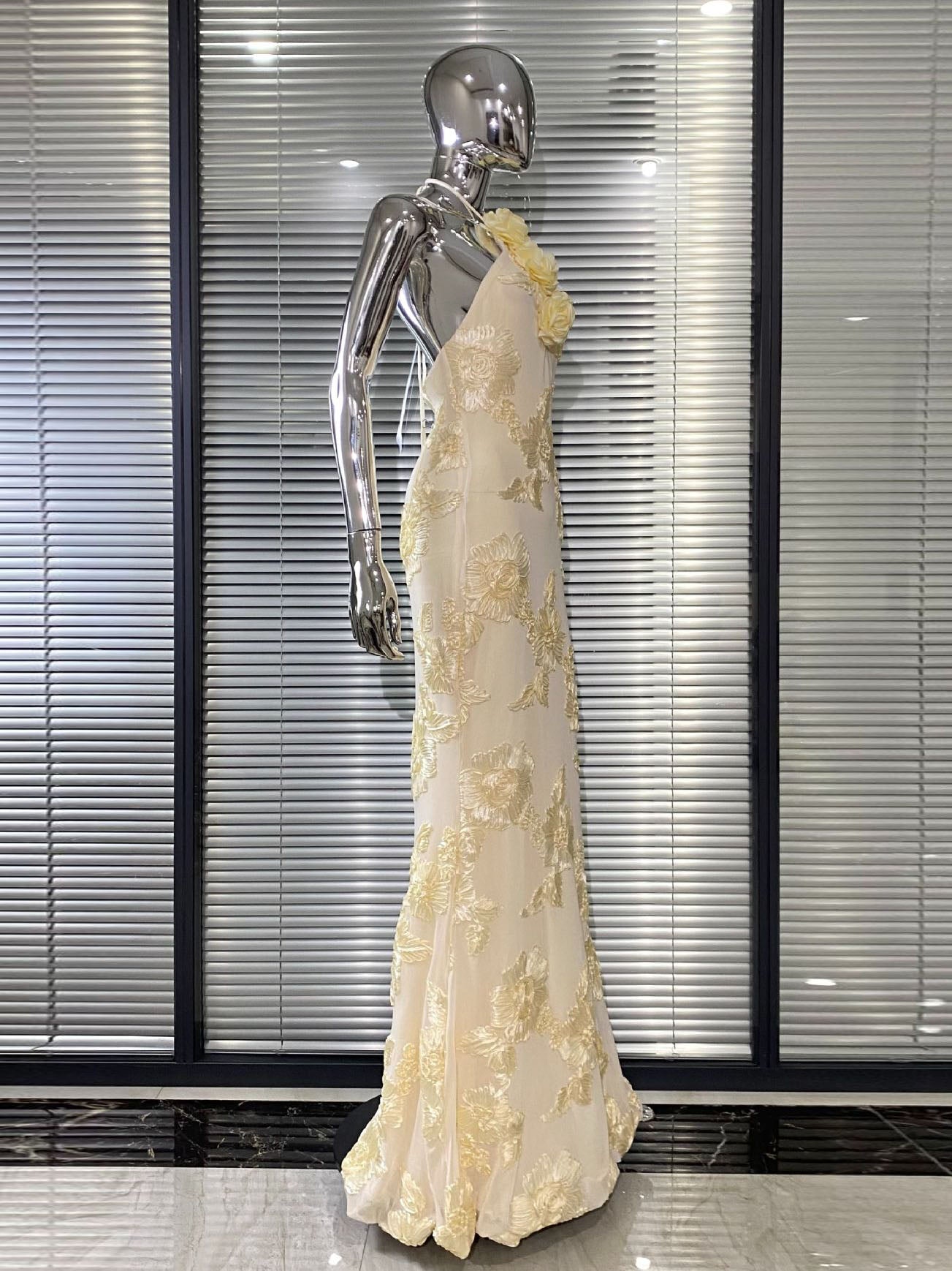 Cream Floral  Halter Neck Mermaid Gown NorixaFashion.com