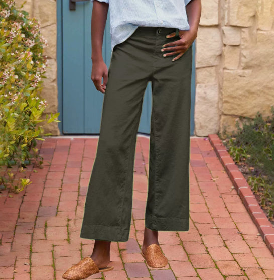 European And American Style High-Waisted Solid Color Cropped Flared Loose Wide-Leg Womens Trousers With Buttons NorixaFashion.com