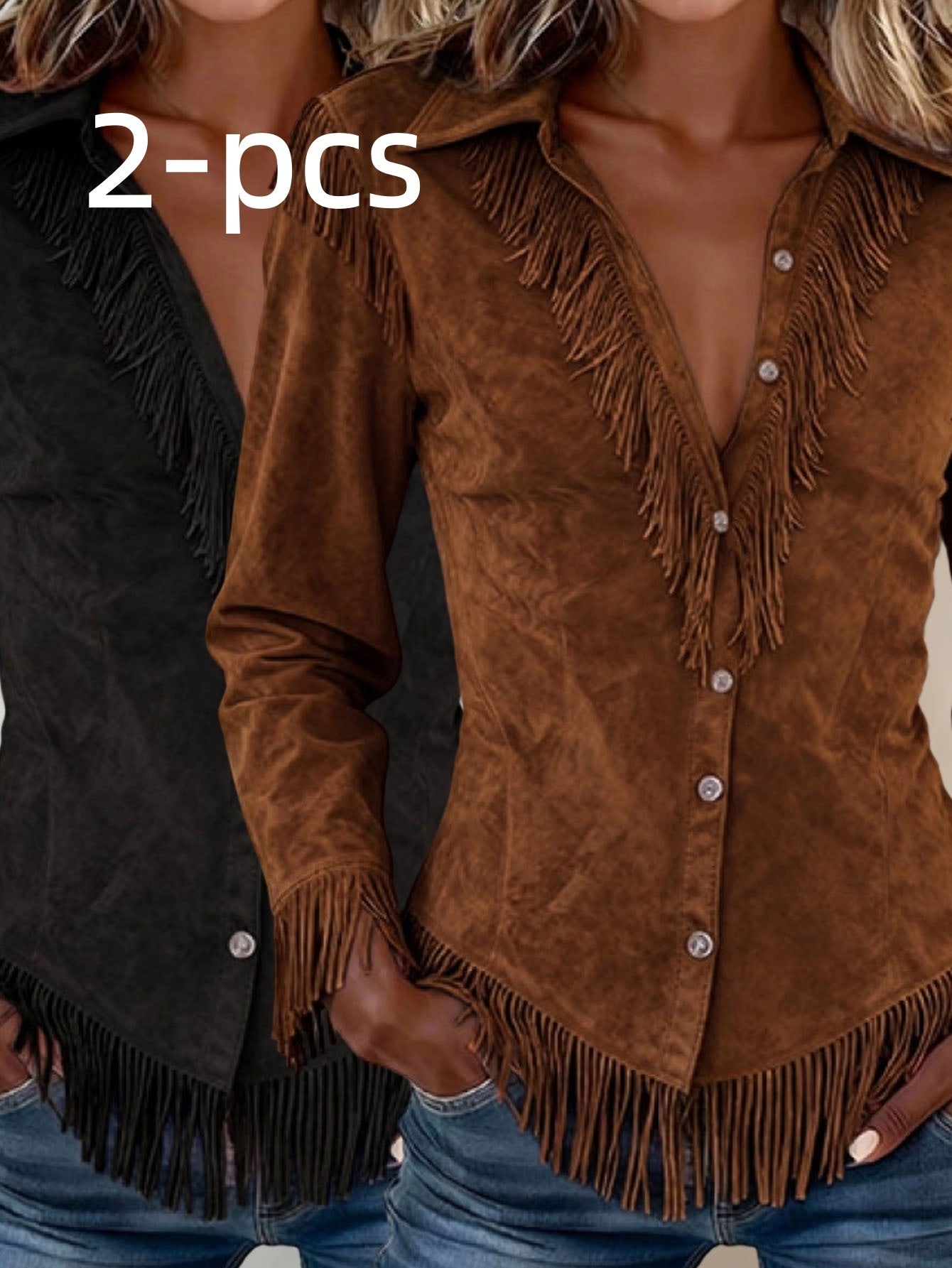 Western Cowboy-Style Suede Fringe Slim-Fit Long-Sleeve Shirt NorixaFashion.com
