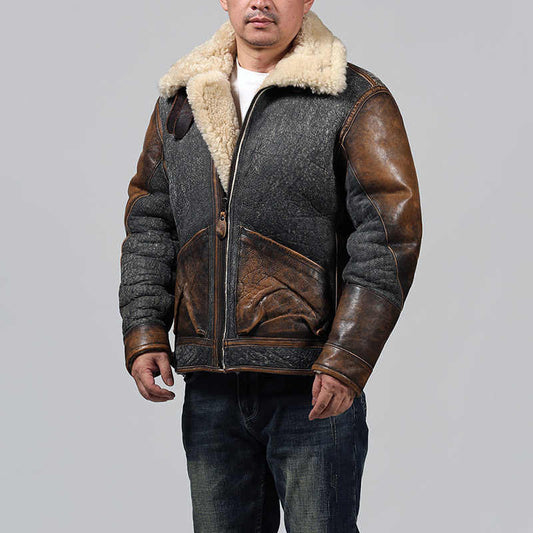 Men's Color Matching Sheepskin Leather Lapel Coat LuxuryLifeWay Online Store
