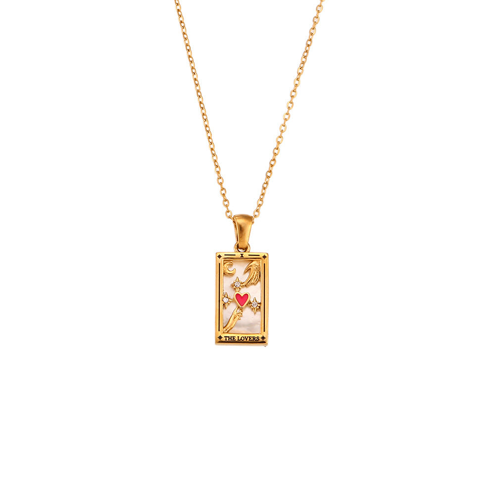 Fashion Tarot Necklace With Rhinestones Diamond Set Pendant Stainless Steel Rectangular Drip Necklace Jewelry