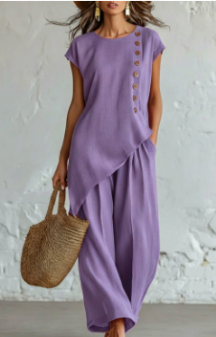 Womens Solid-Color Crew-Neck Buttoned Short-Sleeve Wide-Leg Pants Set NorixaFashion.com