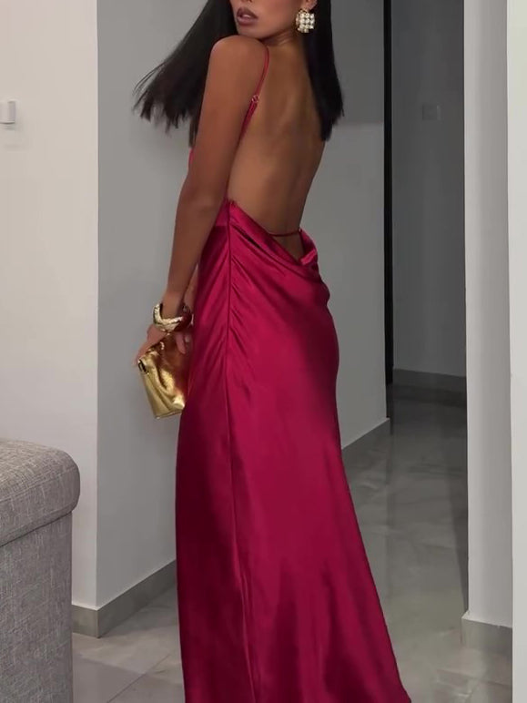Burgundy Backless Satin Sleeveless Dress NorixaFashion.com
