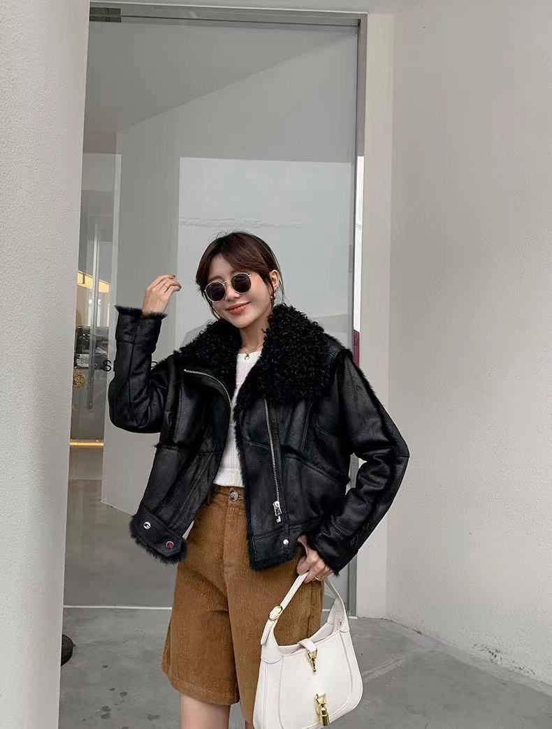 Women's Young Lamb Wool Short Stitching Coat Best YouTube Store