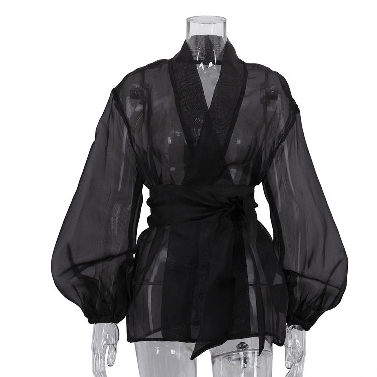 Black Sheer Puff Sleeve V-neck Tie-front Top NorixaFashion.com