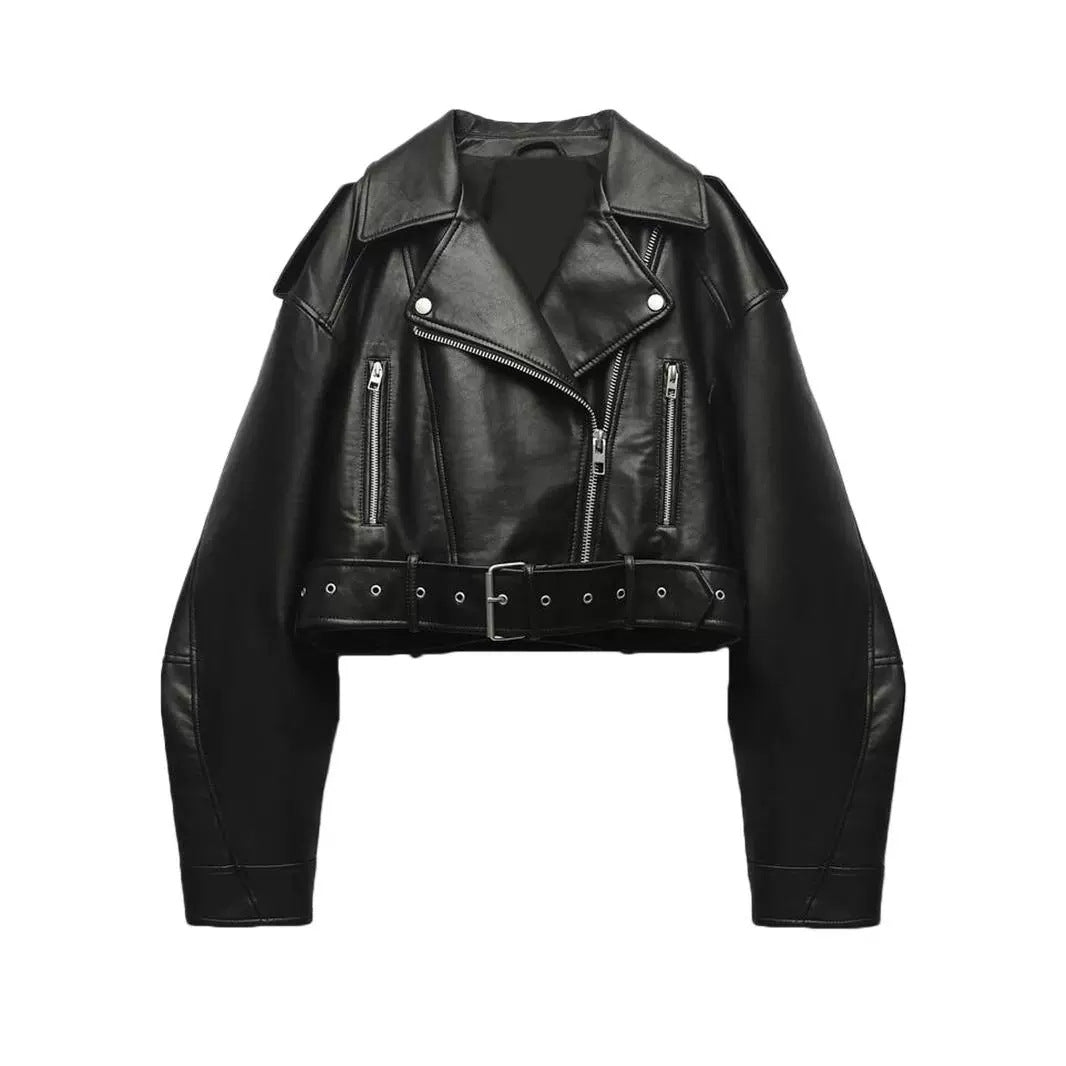 Fashionable Washed Faux Leather Motorcycle PU Zipper Jacket LadyShow.Store