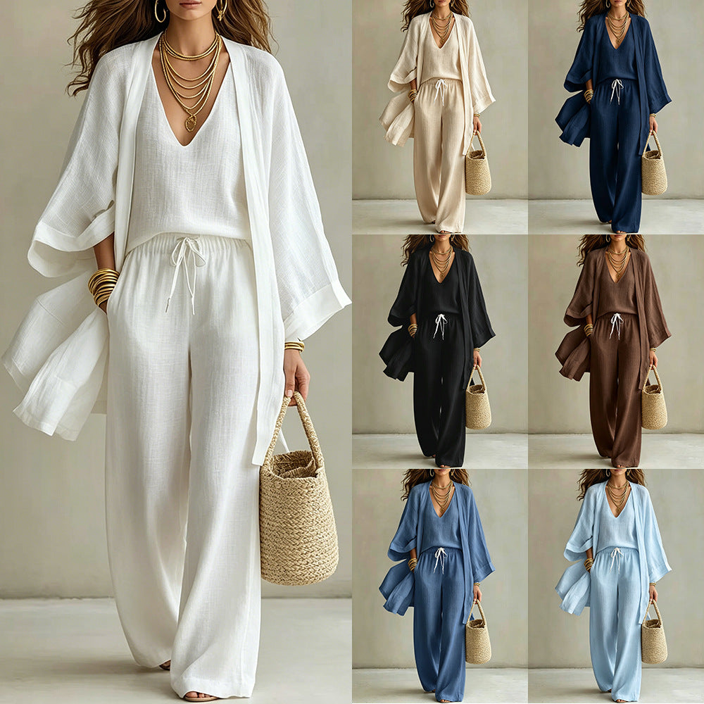 Womens Casual Three-piece Set Nine-quarter-sleeve Cardigan Sleeveless Vest And Long Pants NorixaFashion.com