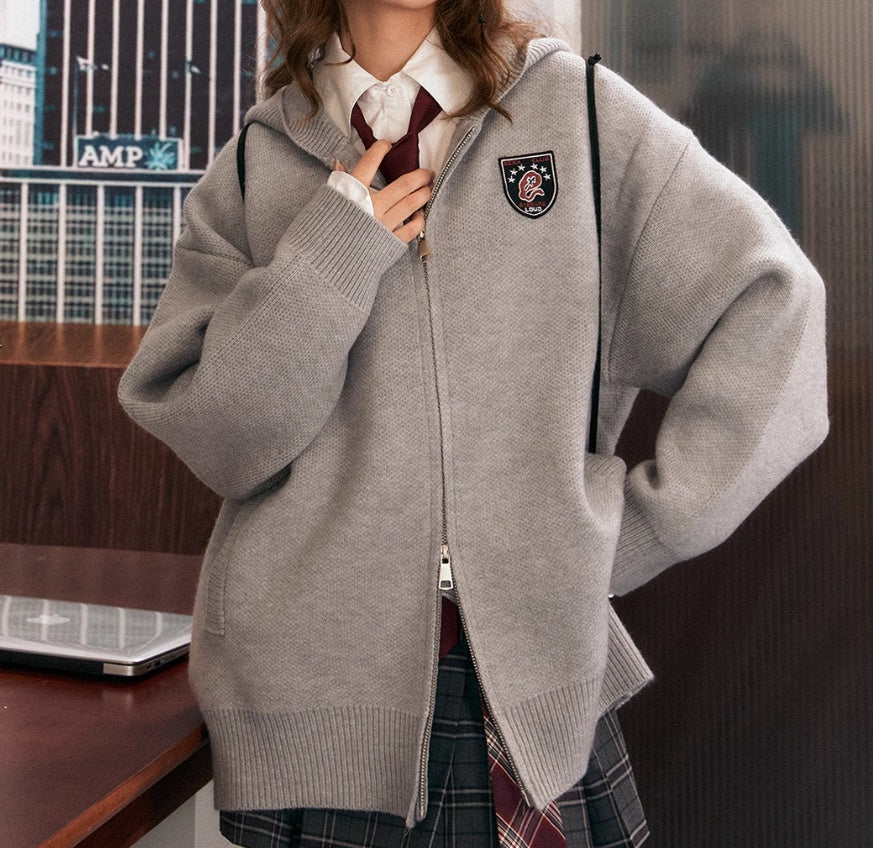 Retro Hooded Double Zipper Knitted Cardigan Best YouTube Store