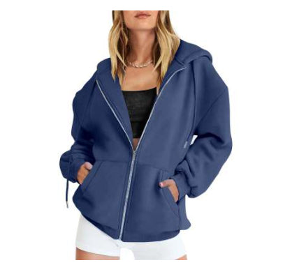 Women's Fashion Casual Solid Color Drawstring Zipper Hooded Sweatshirt LadyShow.Store