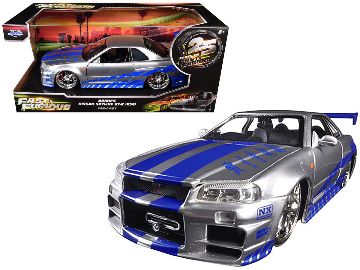 Brian's Nissan GTR Skyline R34 RHD (Right Hand Drive) Silver with Blue Stripes "Fast & Furious 25th Anniversary" 1/24 Diecast Model Car by Jada LuxuryLifeWay Online Store