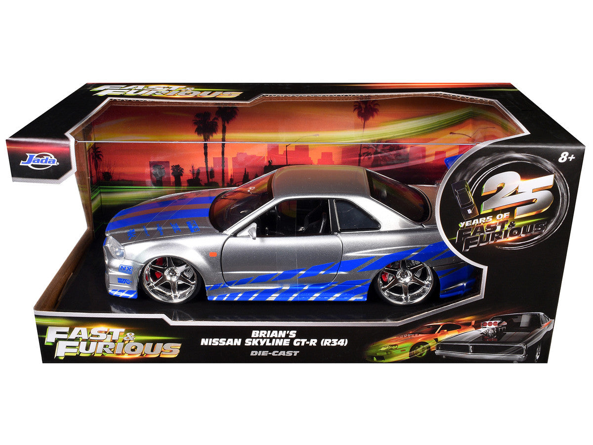 Brian's Nissan GTR Skyline R34 RHD (Right Hand Drive) Silver with Blue Stripes "Fast & Furious 25th Anniversary" 1/24 Diecast Model Car by Jada LuxuryLifeWay Online Store