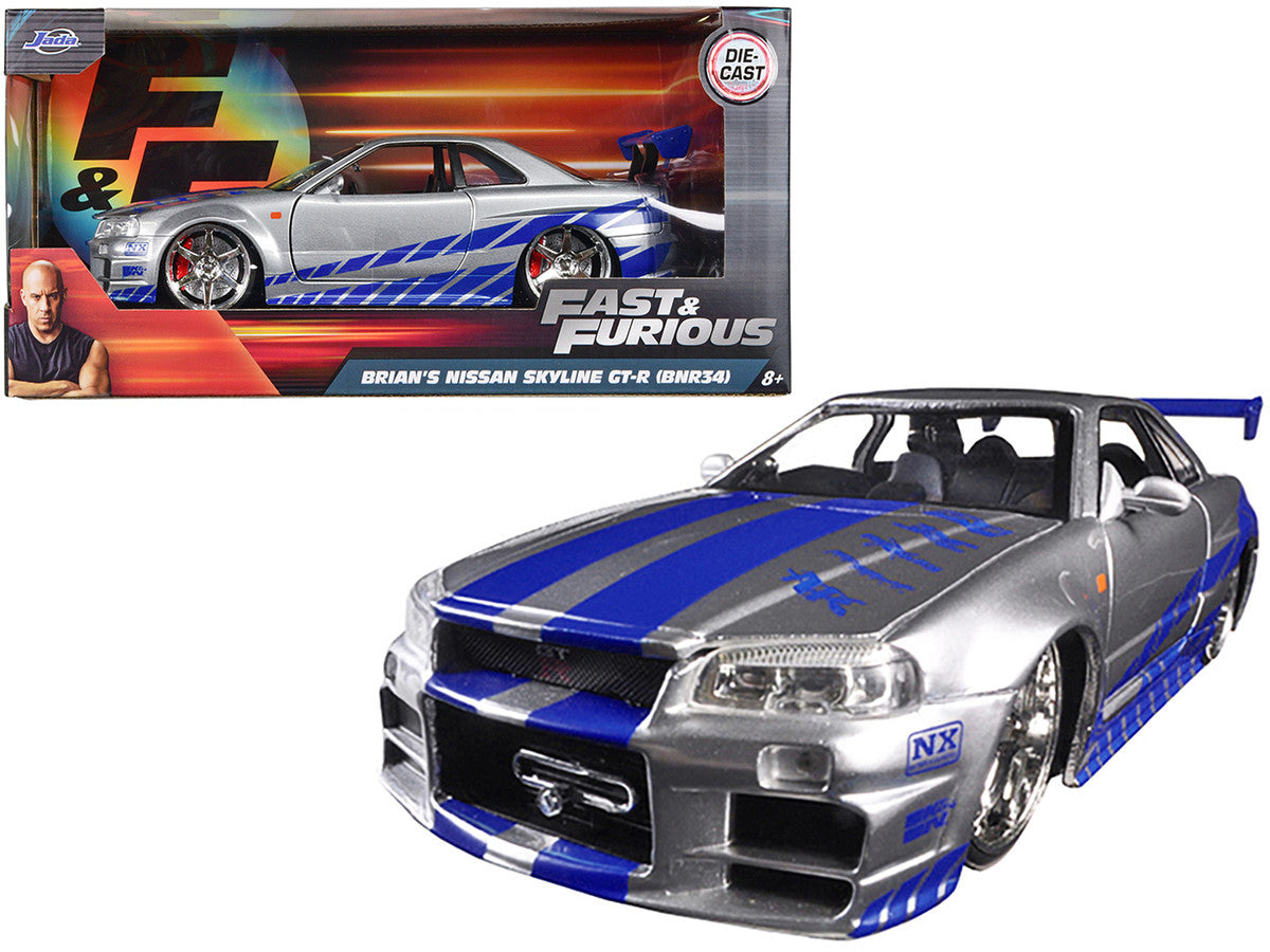 Brian's Nissan GTR Skyline R34 RHD (Right Hand Drive) Silver with Blue Stripes "Fast & Furious" Movie 1/24 Diecast Model Car by Jada LuxuryLifeWay Online Store