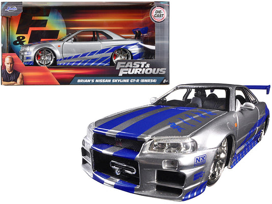 Brian's Nissan GTR Skyline R34 RHD (Right Hand Drive) Silver with Blue Stripes "Fast & Furious" Movie 1/24 Diecast Model Car by Jada LuxuryLifeWay Online Store