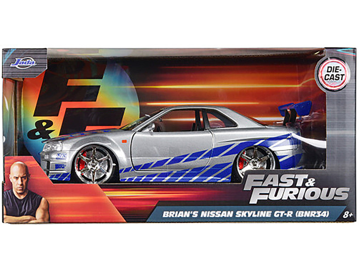 Brian's Nissan GTR Skyline R34 RHD (Right Hand Drive) Silver with Blue Stripes "Fast & Furious" Movie 1/24 Diecast Model Car by Jada LuxuryLifeWay Online Store