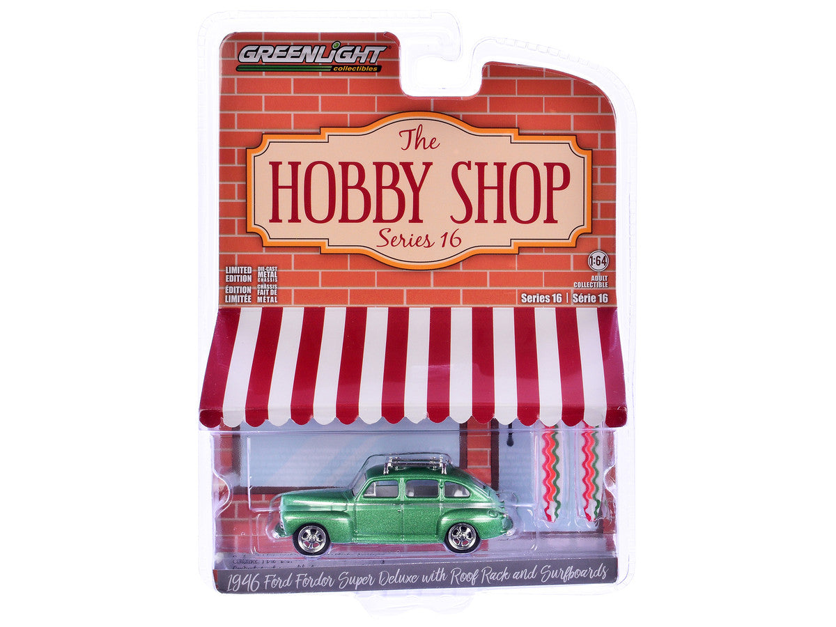 1946 Ford Fordor Super Deluxe Green Metallic with White Interior and Roof Rack with Surfboards "The Hobby Shop" Series 16 1/64 Diecast Model Car by Greenlight LuxuryLifeWay Online Store