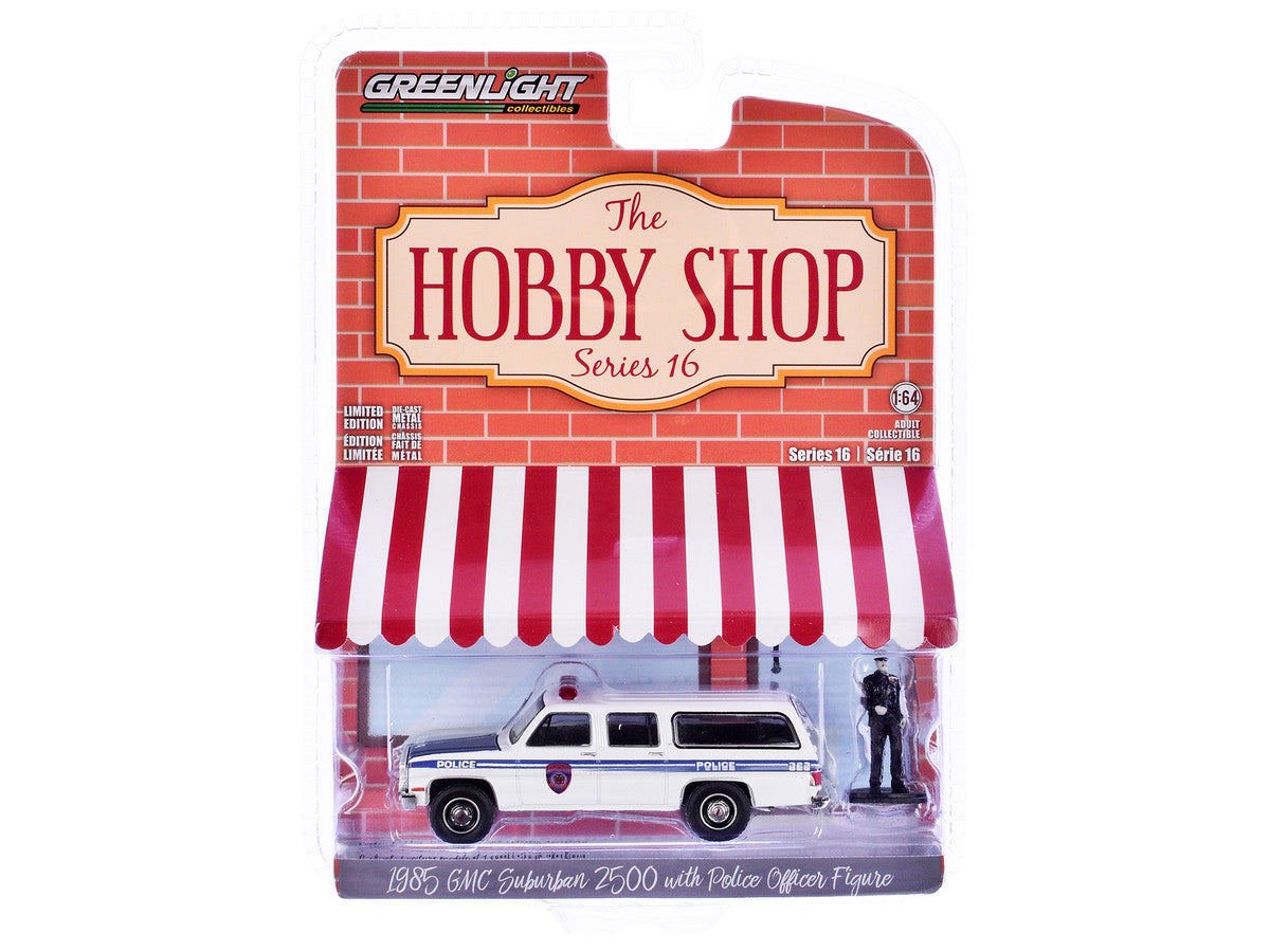 1985 GMC Suburban 2500 "New York City Transit Police Department" White with Blue Stripes and Police Officer Figure "The Hobby Shop" Series 16 1/64 Diecast Model Car by Greenlight LuxuryLifeWay Online Store