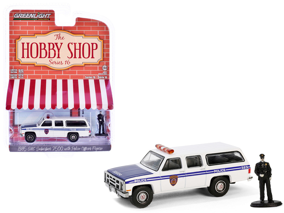 1985 GMC Suburban 2500 "New York City Transit Police Department" White with Blue Stripes and Police Officer Figure "The Hobby Shop" Series 16 1/64 Diecast Model Car by Greenlight LuxuryLifeWay Online Store