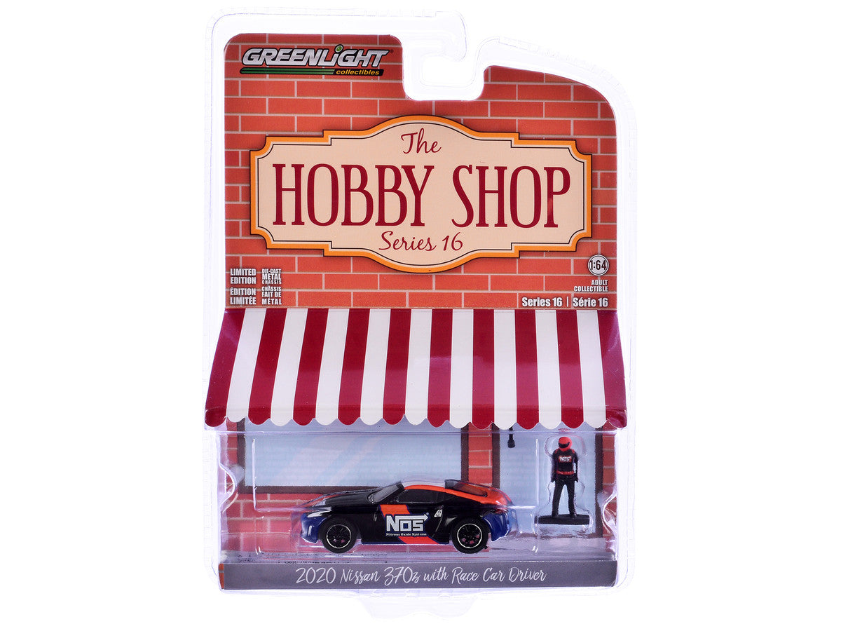 2020 Nissan 370z "NOS Nitrous Oxide Systems" Black with Graphics and Race Car Driver "The Hobby Shop" Series 16 1/64 Diecast Model Car by Greenlight LuxuryLifeWay Online Store